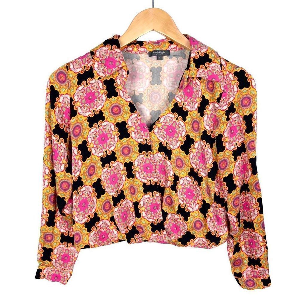 Haute Hippie Long Sleeve Collared Blouse Top Colorful Psychedelic Pattern size S